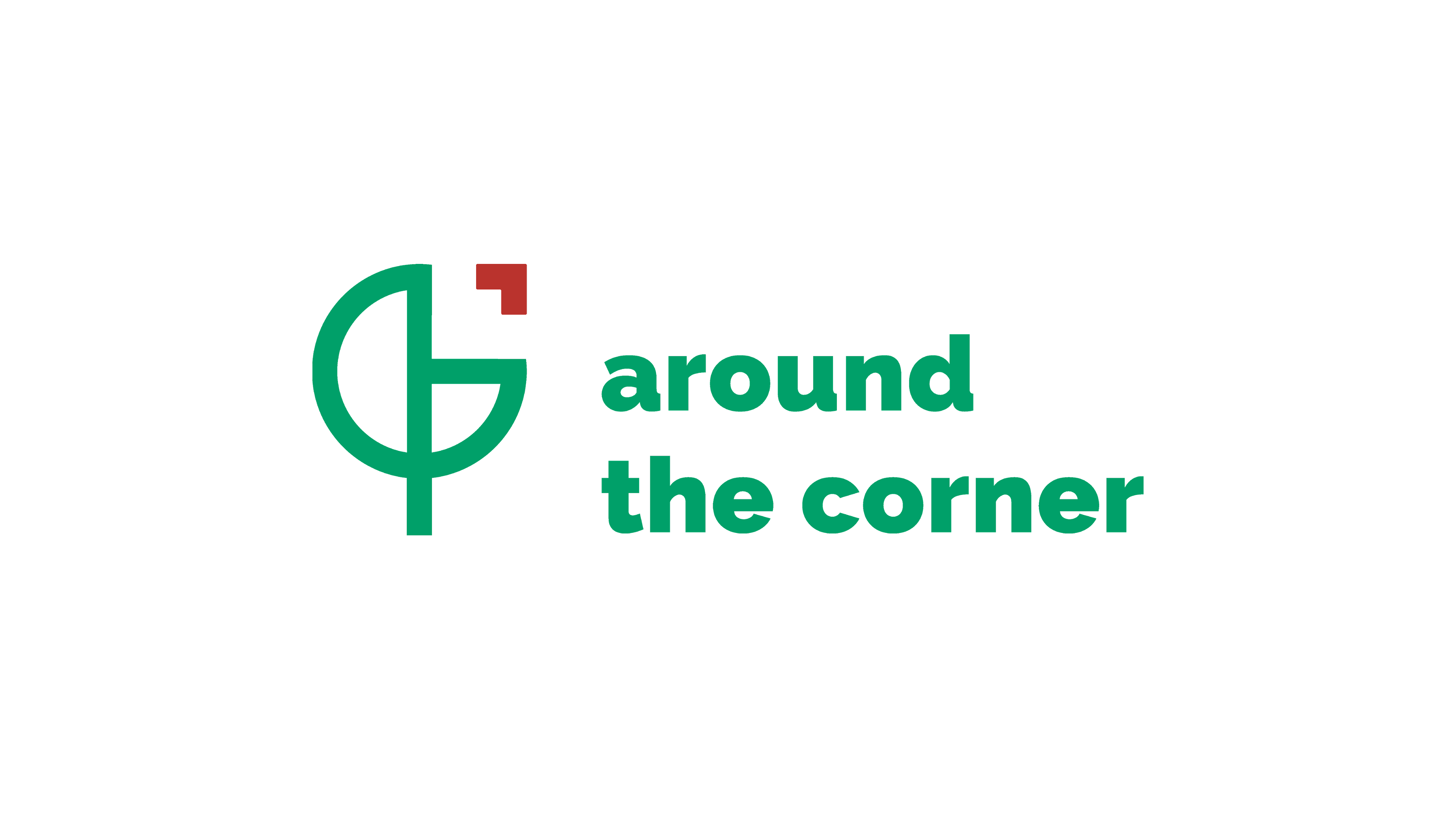Around the corner wordmark: green geometric icon with red square accent, and “around the corner” in lowercase green sans-serif, on a white field.