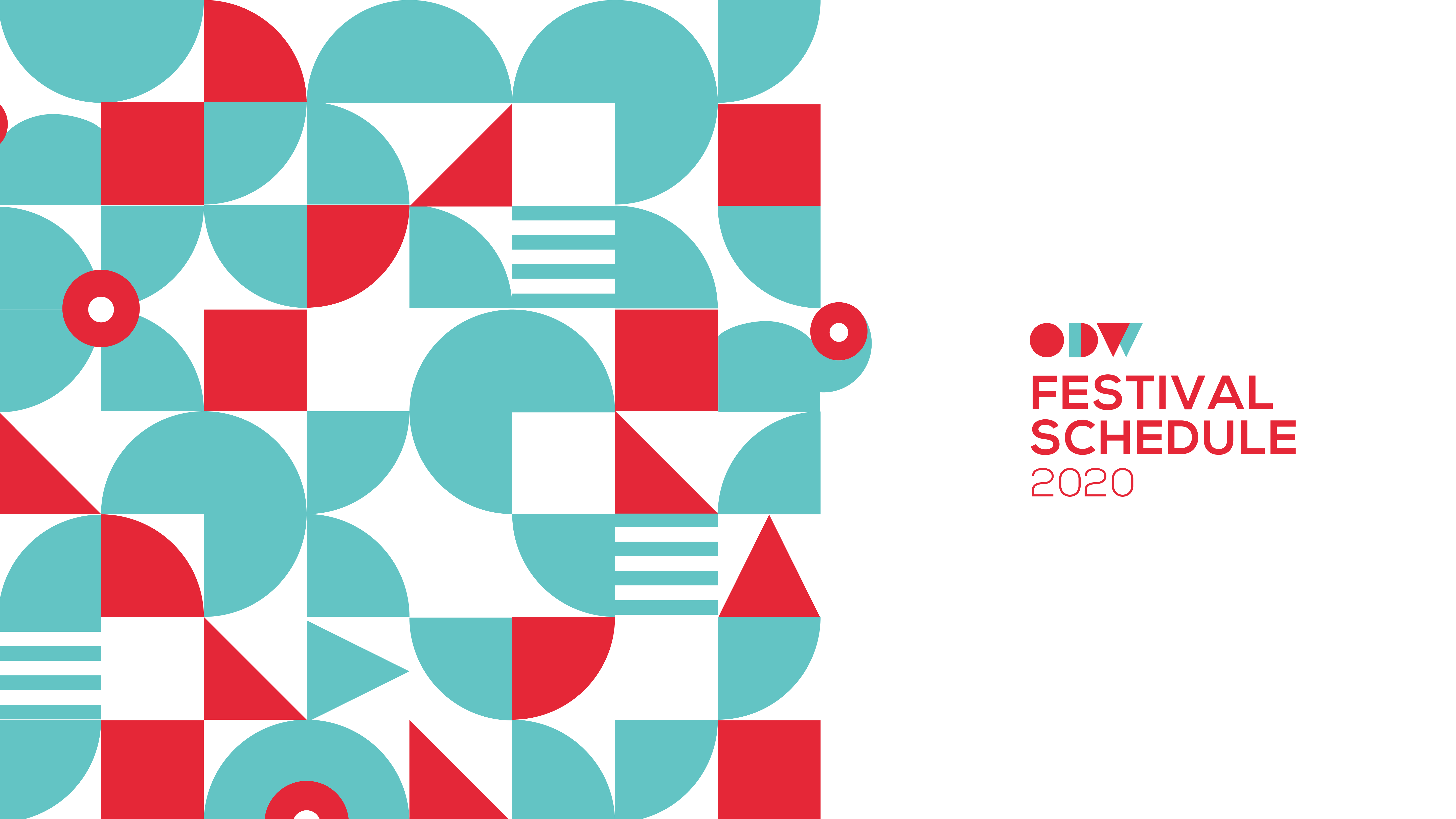 Odisha Design Week 2020 festival schedule: ODW geometric logo in red and teal, Festival Schedule 2020 type, and a large modular red-and-teal geometric pattern on white.