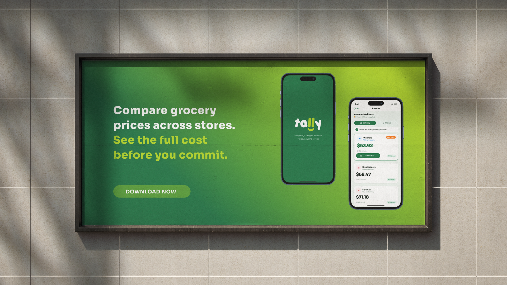 Outdoor billboard mockup for Tally comparing grocery prices across stores.