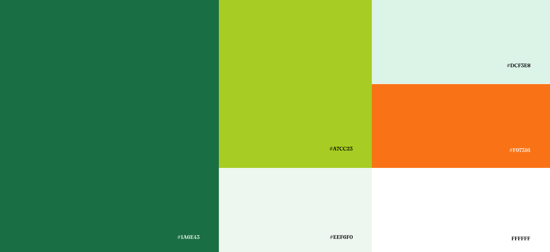 Tally color system with hex codes for forest green, lime, mint, orange, and white.