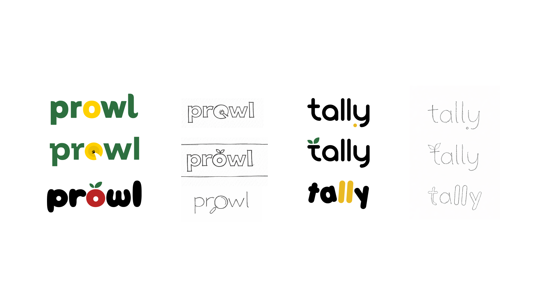 Logo and naming explorations from Prowl to Tally.