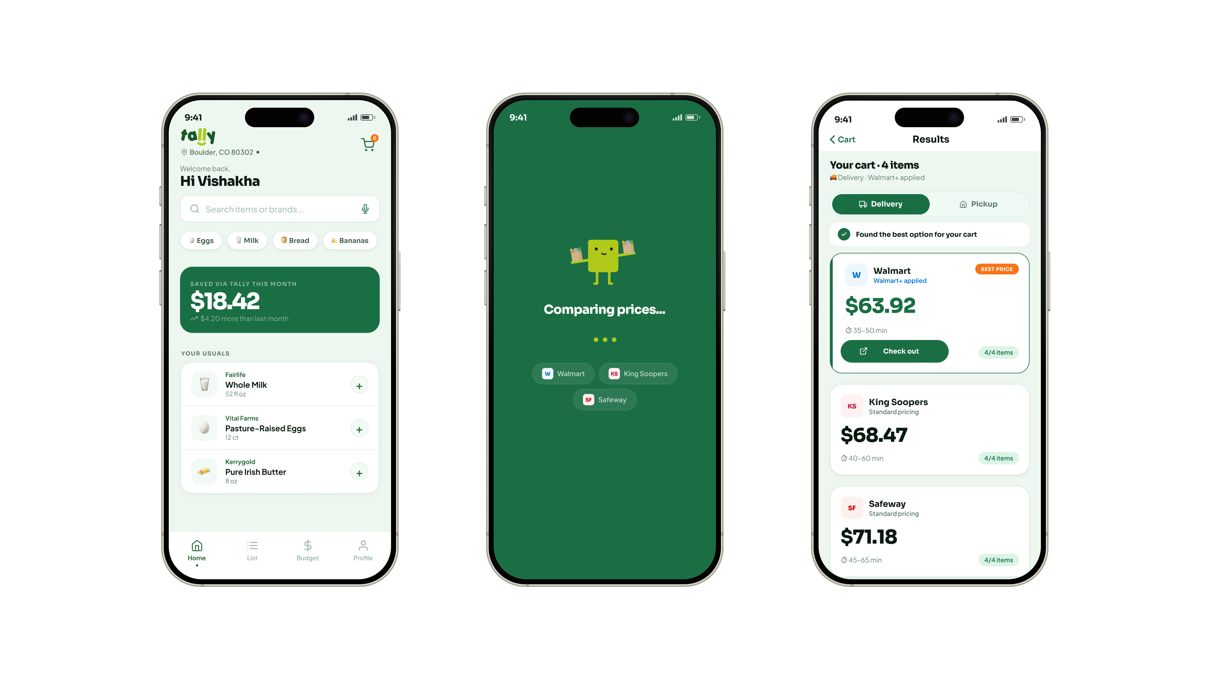 Three phone mockups: returning user home with search and savings snapshot, comparing prices loading state, and cart results across Walmart, King Soopers, and Safeway.
