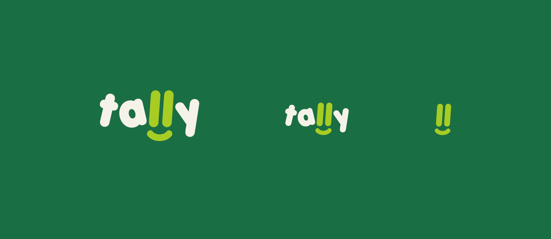 Responsive Tally logo: full wordmark, smaller wordmark, and icon-only mark.