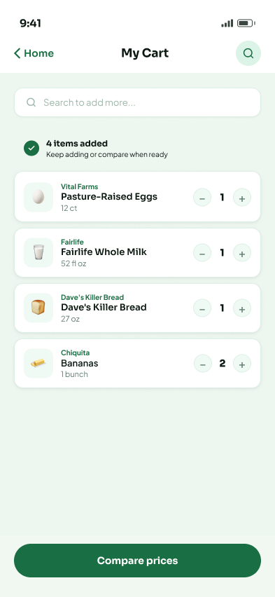 Cart with line items, quantity controls, and compare prices.