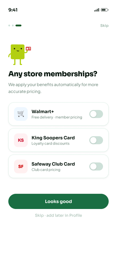 Tally onboarding: store memberships and loyalty toggles.
