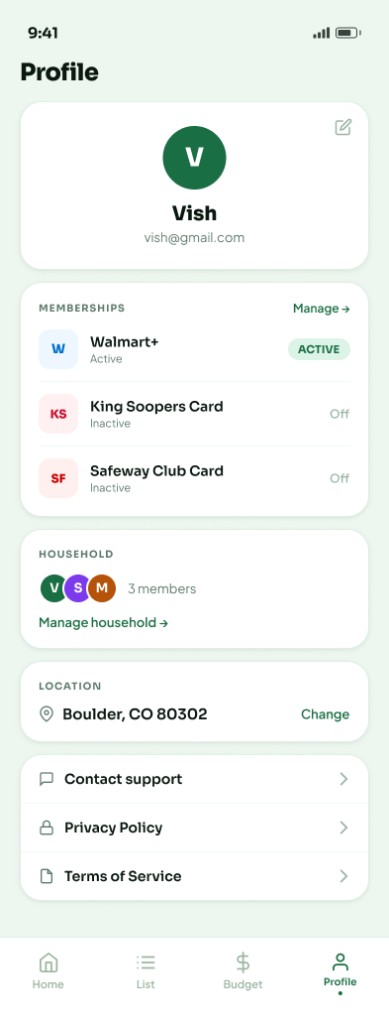 Profile: memberships, household, location, and settings.