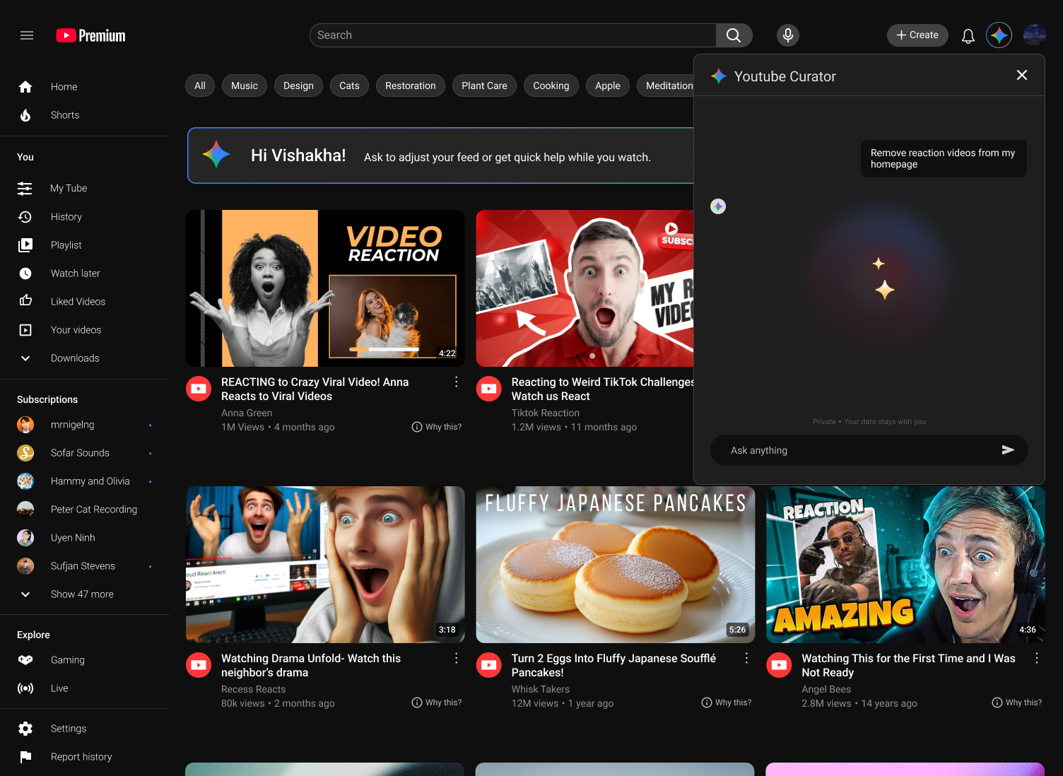 YouTube Curator: user message to remove reaction videos from the homepage.