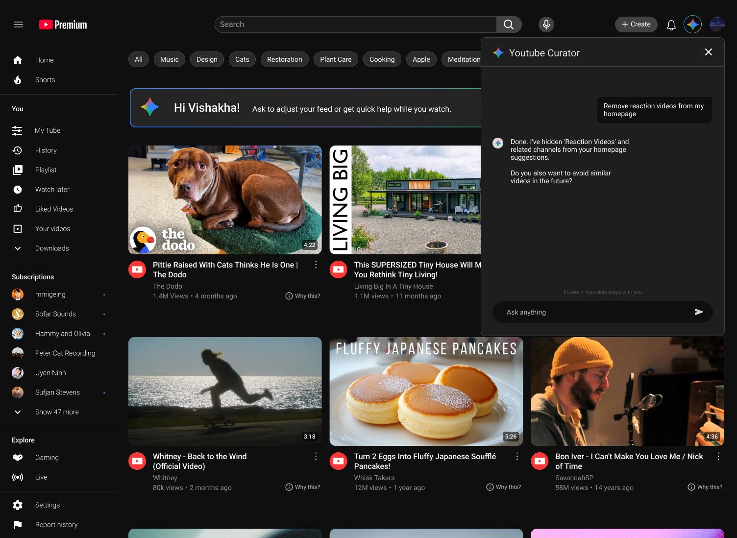YouTube Curator: assistant replies that reaction content was hidden from recommendations.