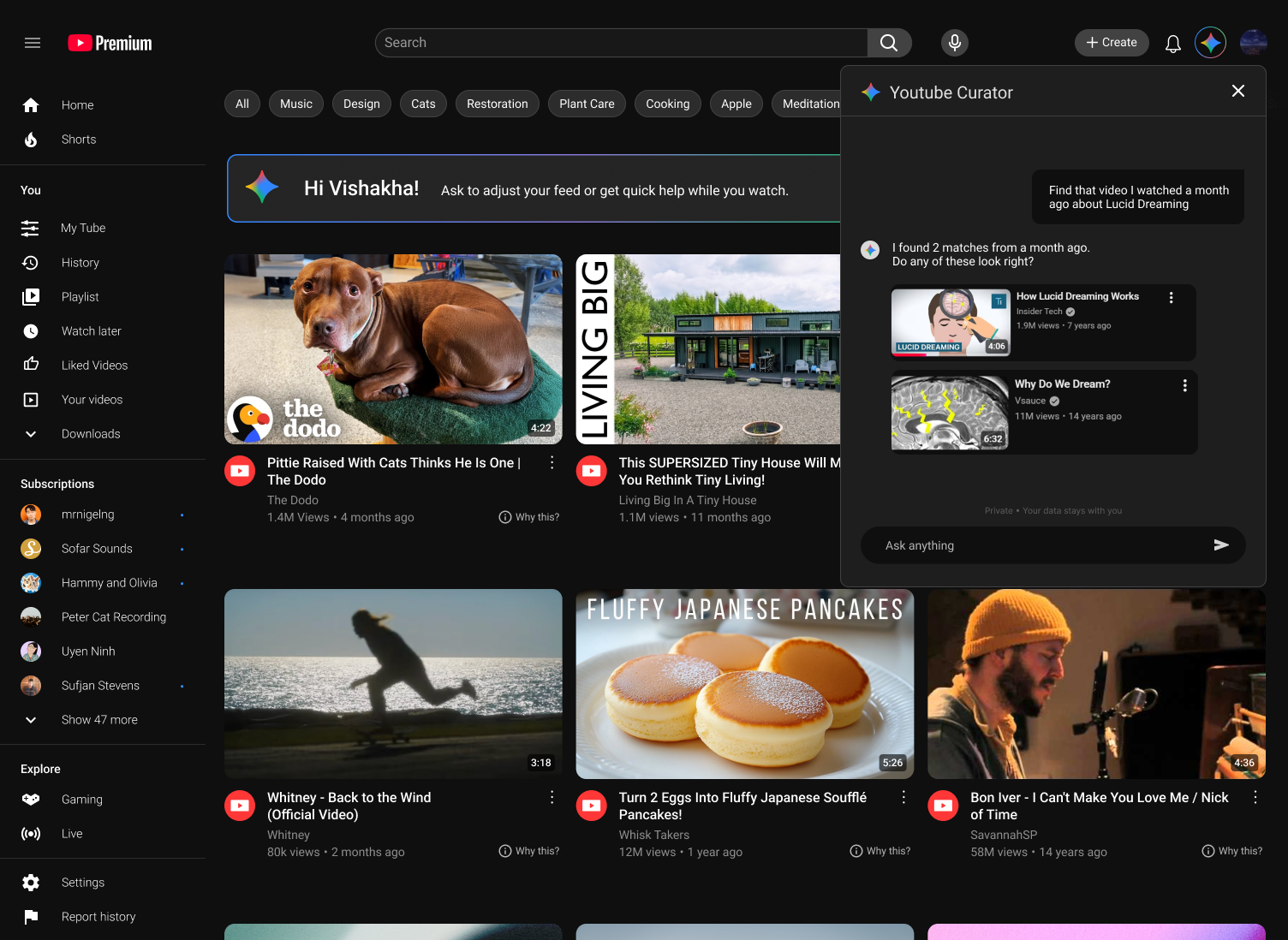 YouTube Curator: user asks to find a video from last month; two matches shown in the panel.