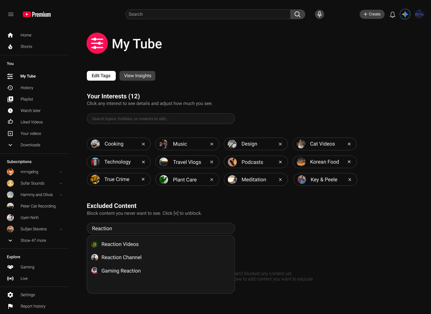 My Tube: Excluded Content with reaction-related items blocked from the feed.