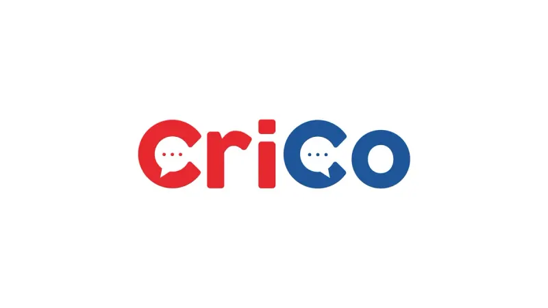 Crico logo: rounded wordmark with cri in red and co in blue, speech-bubble cutouts with chat dots in each c.