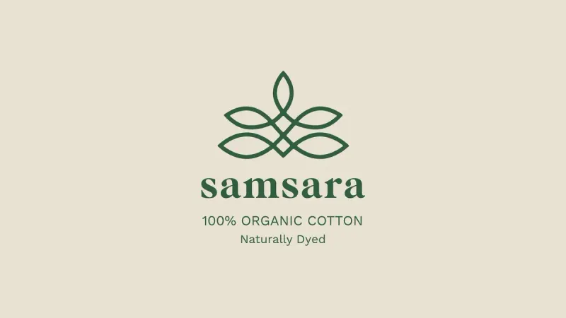 Samsara logo: dark green botanical line-art icon above the word samsara in a bold serif font, with 100% ORGANIC COTTON and Naturally Dyed below, on a light beige background.