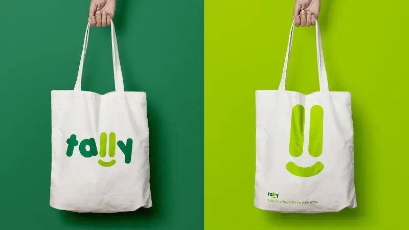 Tally tote bag mockups: white bags with tally wordmark and smiley mark on forest and lime green fields.