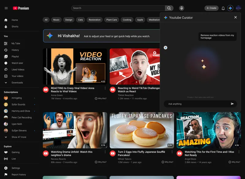YouTube Curator: user message to remove reaction videos from the homepage.