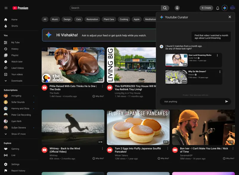 YouTube Curator: user asks to find a video from last month; two matches shown in the panel.