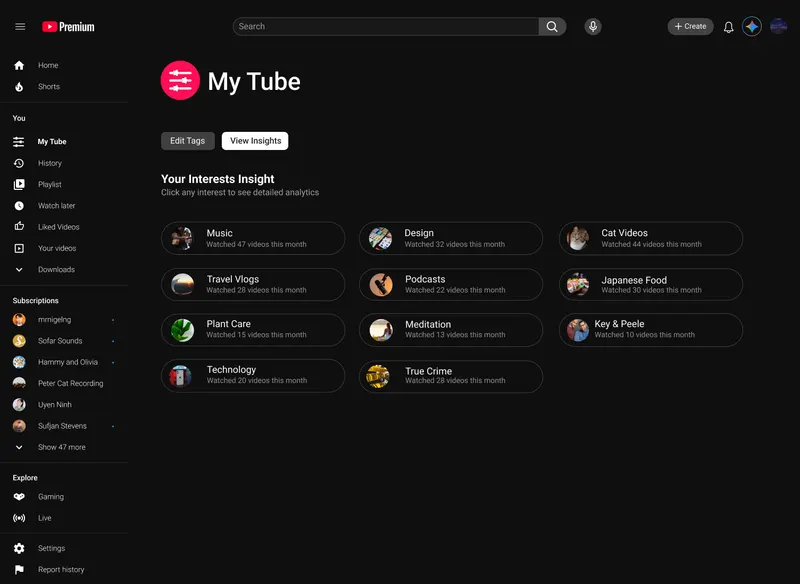 My Tube: Your Interests Insight grid with per-topic video counts for the month.