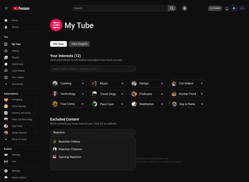 My Tube: Excluded Content with reaction-related items blocked from the feed.