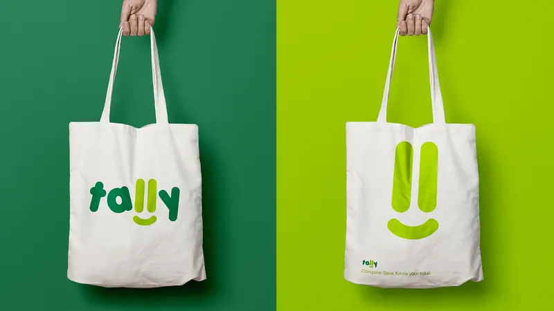Tally branding on canvas tote bags.