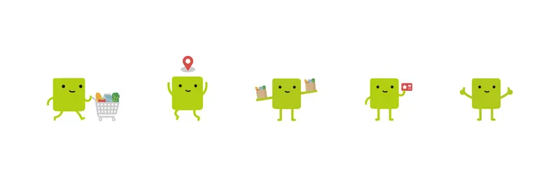 Tally mascot in five poses: shopping cart, location, bags, loyalty card, and thumbs up.