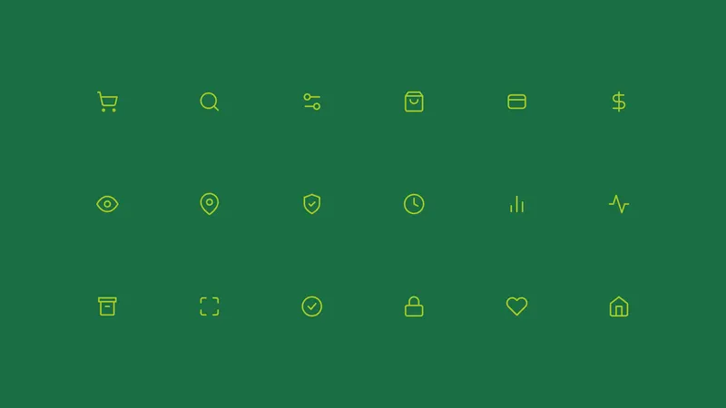 Grid of Tally UI icons: cart, search, bag, card, and more on forest green.