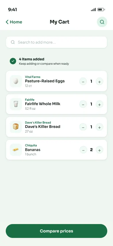 Cart with line items, quantity controls, and compare prices.