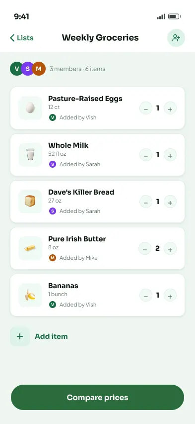 Shared list: contributors, items, and compare prices.