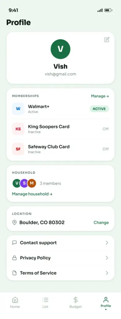 Profile: memberships, household, location, and settings.