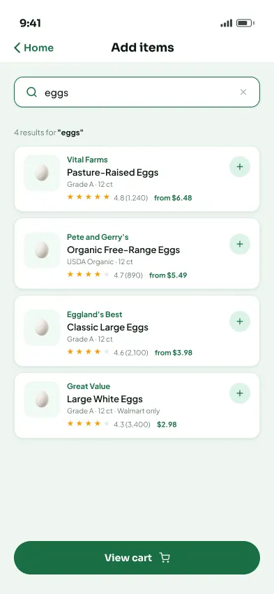 Search results with ratings, pack size, and starting price.